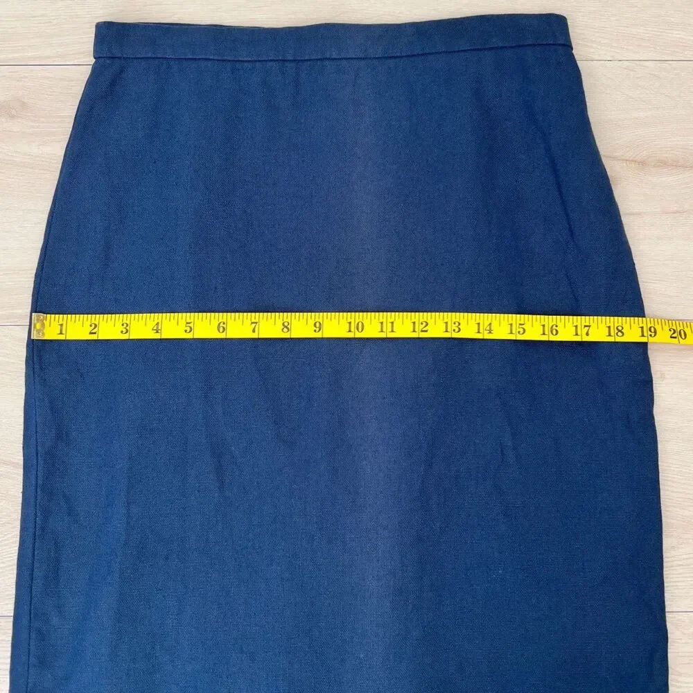 J.Crew Navy Blue Green Ric Rac Linen Retro Preppy Twee Revival Pencil Skirt Sz 6